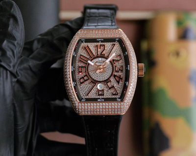 Frank Muller Vanguard Yachting V45 44*54mm ETA2824 Movement Iced Out Rose Gold Leather Band Watch